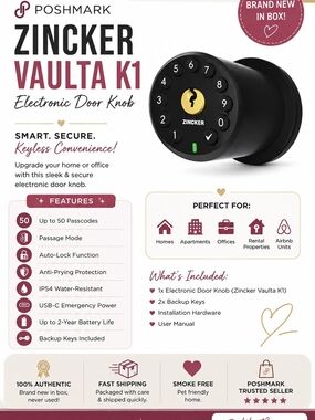 Zincker VaulTa K1 Electronic Door Knob - Black with Gold Accent